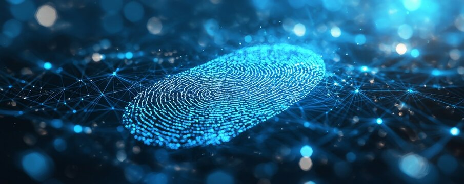 Digital wireframe of fingerprint scanning technology with blue neon light