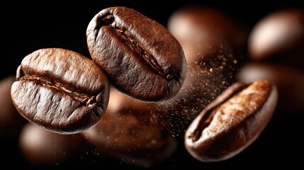 Fototapeta premium Three roasted coffee beans float against a dark background with coffee dust.