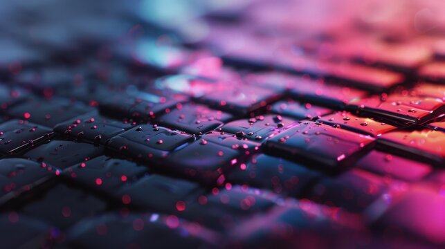 A close-up view of a colorful textured surface with glistening water droplets, reflecting light and creating a vibrant, dynamic atmosphere evocative of creativity and art. - Powered by Adobe