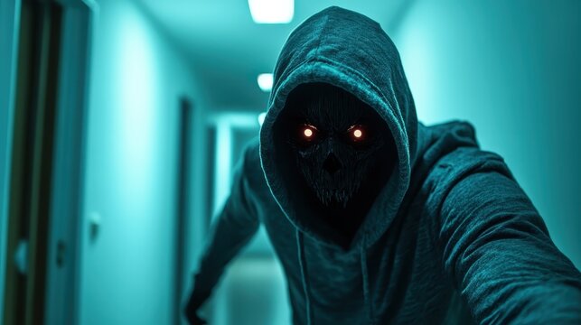 A shadowy figure in a hooded sweatshirt with glowing eyes strikes a chilling presence, evoking feelings of suspense and fear, embodying the unknown in a dark hallway.