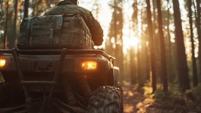 An adventurer rides an ATV through a sunlit forest trail, showcasing the thrill of exploration and the joy of immersing oneself in the great outdoors and nature's beauty.