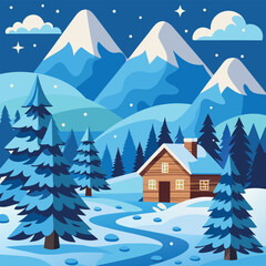 Fototapeta premium Cozy Winter Cabin in Snowy Forest Landscape