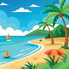 Exotic Beach with Palm Shadows on the Sand and Boats on the Water