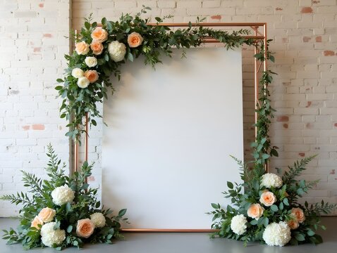 Modern Industrial Wedding Backdrop Featuring Geometric Copper Frame with Romantic Cascading Greenery, Eucalyptus, Peach Roses and White Hydrangeas Against Distressed Brick Wall Background