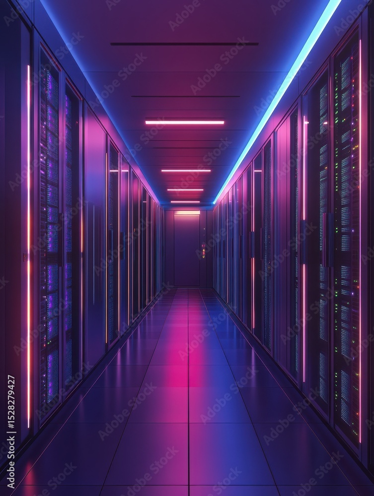 Poster illuminated server room corridor with glowing data servers.