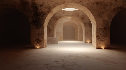 Naklejka premium ancient stone underground tunnel with arches illuminated by soft warm lighting creating a mysterious atmosphere.