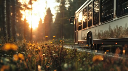Obraz premium A city bus is parked along a scenic route in a lush forest, illuminated by warm sunlight, representing the intersection of urban life and nature in a peaceful outdoor setting.