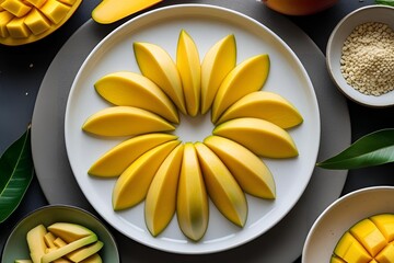 Fresh mango slices arranged on white plate