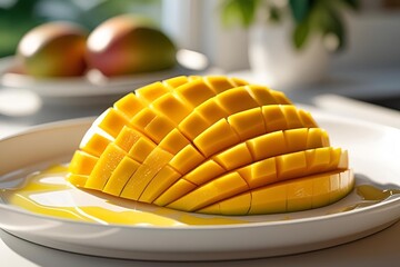 Fresh mango slices arranged on white plate
