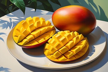 Fresh mango slices arranged on white plate