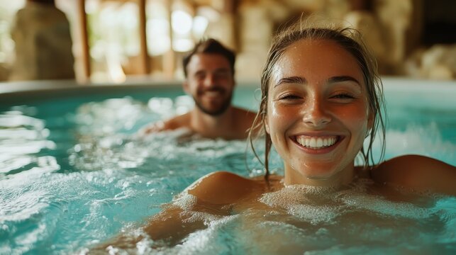A joyful couple relaxes together in a bubbling hot tub, highlighting the intimacy and happiness often found in shared moments of leisure and self-care in a serene environment.