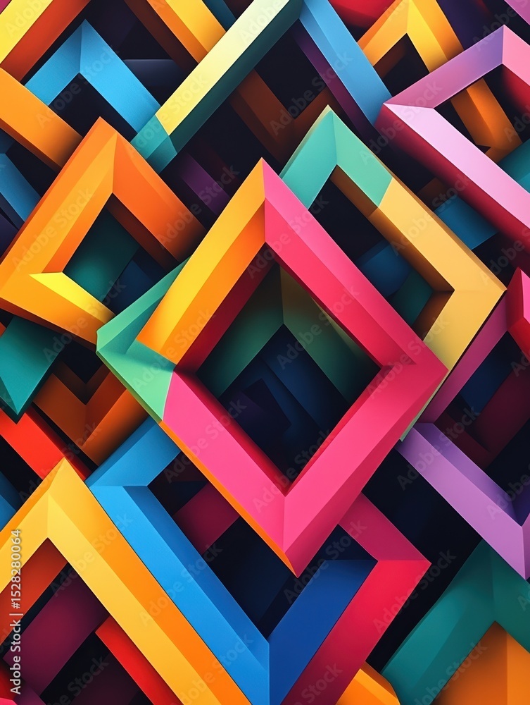 Poster geometric shapes in vivid hues interlocking with sharp shadows creating dynamic depth on the surface