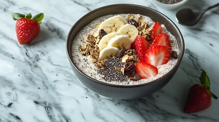 A healthy bowl of yogurt with fresh strawberries and muesli, perfect for a delicious breakfast