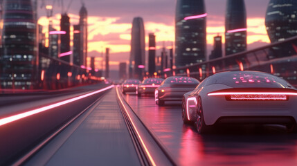 Naklejka premium Futuristic autonomous electric cars driving on illuminated city bridge 