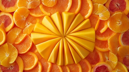 Citrus fruits such as oranges and lemons arranged in a creative circular pattern as if it were a mandala. Citrus fruits. Healthy eating