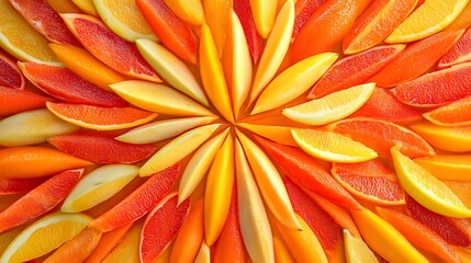 Citrus fruits such as oranges and lemons arranged in a creative circular pattern as if it were a mandala. Citrus fruits. Healthy eating