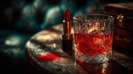 A red lipstick stands beside a glass of cocktail drink on vintage table.