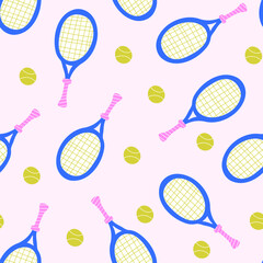 Tennis racket and green ball seamless pattern. Sport playing game equipment backdrop.Vector