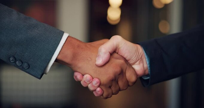 Handshake, partnership and business people in office with deal, agreement or verbal contract. Greeting, welcome and financial manager shaking hands with investor for investment negotiation or trust.