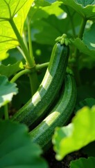 Abundant zucchini fruit among green foliage on a warm day , yield, harvest, crop