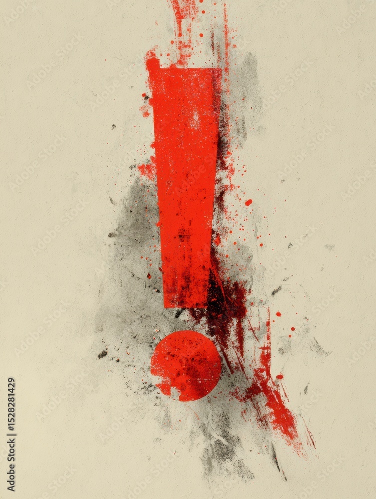 Poster bold red exclamation mark with splashes against neutral background creates striking visual impact