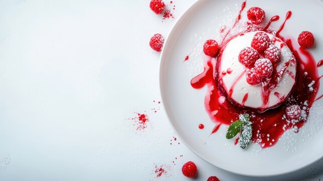 A beautifully plated raspberry dessert sits elegantly on a white background, enticing viewers with its delicious presentation and artistic culinary design.