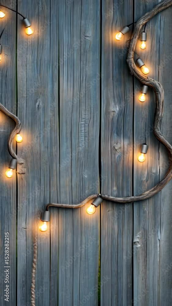 Poster softly glowing string lights enhance the rustic ambiance of weathered wood, creating a warm and invi