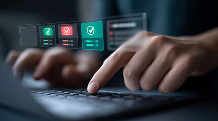 Selecting options. Correct choice. Man works on laptop and with virtual checkboxes of green and red color.