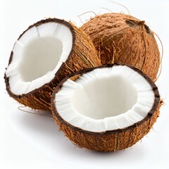 Tropical coconut halves showcasing creamy white flesh on clean backdrop on white background