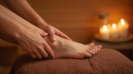 Soothing foot massage is being performed, highlighting relaxation and self care. warm ambiance is enhanced by soft candlelight, creating tranquil
