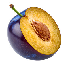 A halved plum showcasing its vibrant yellow flesh and smooth outer skin on the transparent background