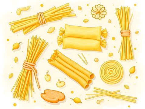 Various pasta types colorful Italian cuisine ingredient illustration image for cooking recipes and food design