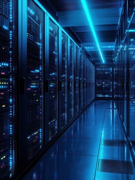 A modern server rack illuminated in a high-tech data center environment.