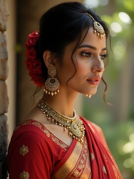 portrait of an indian beautiful woman profile Traditional Saree Bindi jewelry Ethnic Beauty Beauty model girl