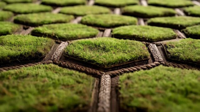 Close-up shot showcasing a pattern of hexagonal grass squares intertwined with braided, textured borders, focus on the lush green textures.