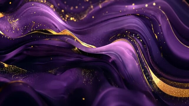 Abstract dynamic fluid marble texture with gold glitter, purple and gold waves design