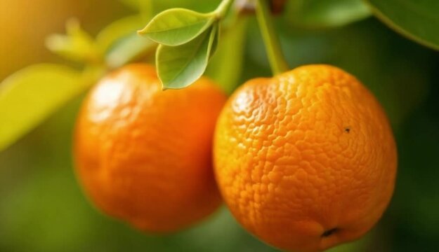 Two bright orange citrus fruits, likely mandarins or similar citrus, hang from a branch
