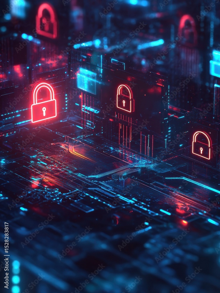 Poster the image depicts a hacker attack scenario with a cybersecurity hologram and lock icons, highlightin
