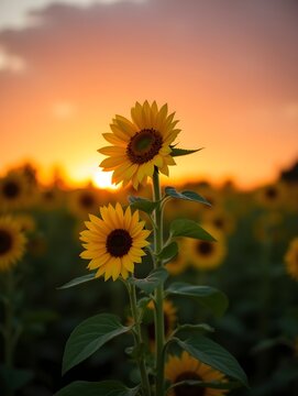 Sunflower Growing in a Field at Sunset with a Colorful Sky
