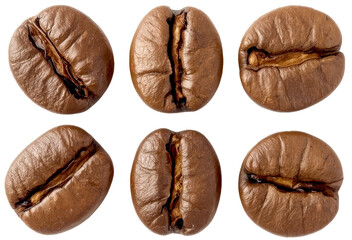 Fototapeta premium coffee bean brown roasted caffeine espresso seed, Each bean is a rich, glossy dark brown with varied surface textures and visible natural cracks or imperfections