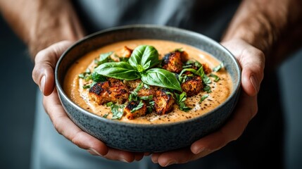 This elegant bowl of rich soup is adorned with fresh herbs and grill marks, inviting you to indulge in comfort and flavor, capturing the essence of culinary artistry and presentation.