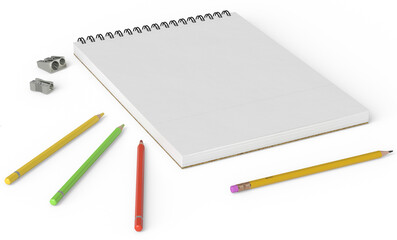Blank vertical spiral sketchbook with colored pencils and metal pencil sharpeners, isolated on white background. Minimalist workspace, top view. Perfect for drawing, sketching, creative design, educat