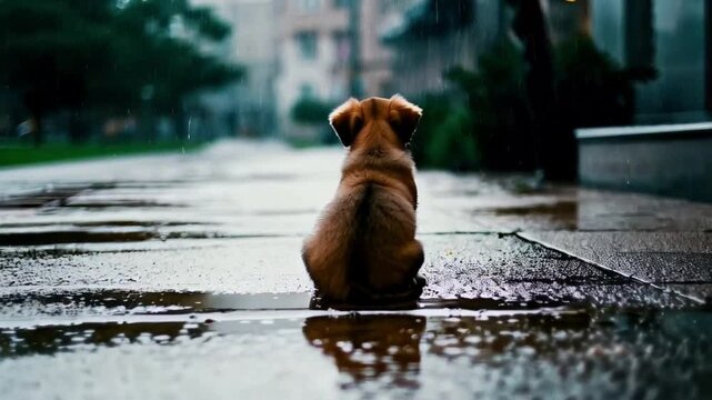 Lonely brown puppy sitting on wet street pavement with blurred urban background during rainy day. Concept of abandonment and longing