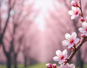 Fiori di ciliegio a fuoco con bosco sfocato sullo sfondo – Concetto di fioritura primaverile