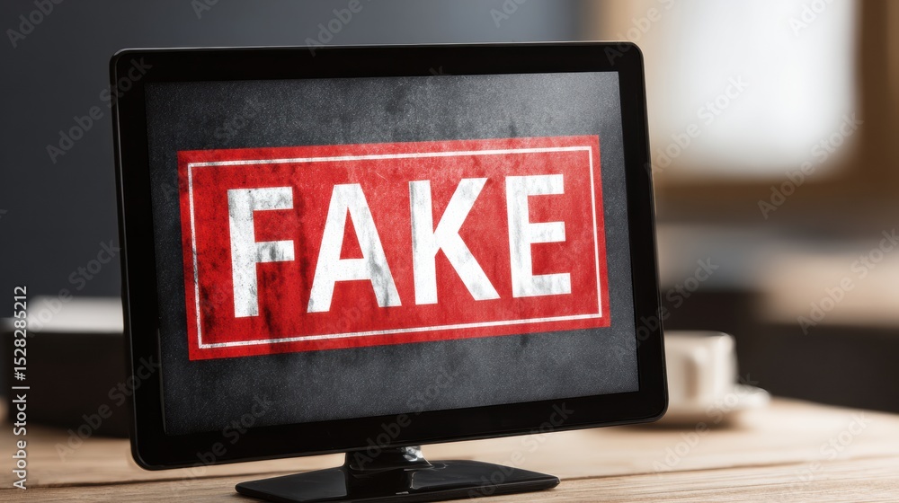 Fototapete Monitoring a Fake Identity Profile With a Danger Label on a Computer Monitor Displaying a Blank Layout in a Dimly Lit Room