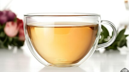 Double Walled Glass Teacup Golden Herbal Infusion,Close-up Photography,Relaxing Beverage,Tea Time,Glassware Tea, Herbal Infusion