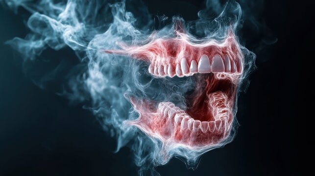 An imaginative representation of an open mouth emitting swirling smoke, conveying emotions and abstract thoughts, merging the concepts of sound, expression, and ethereality in art.