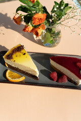 Piece of cake on a plate outdoor on a sunny day