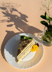 Piece of cake on a plate outdoor on a sunny day