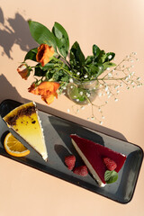 Piece of cake on a plate outdoor on a sunny day